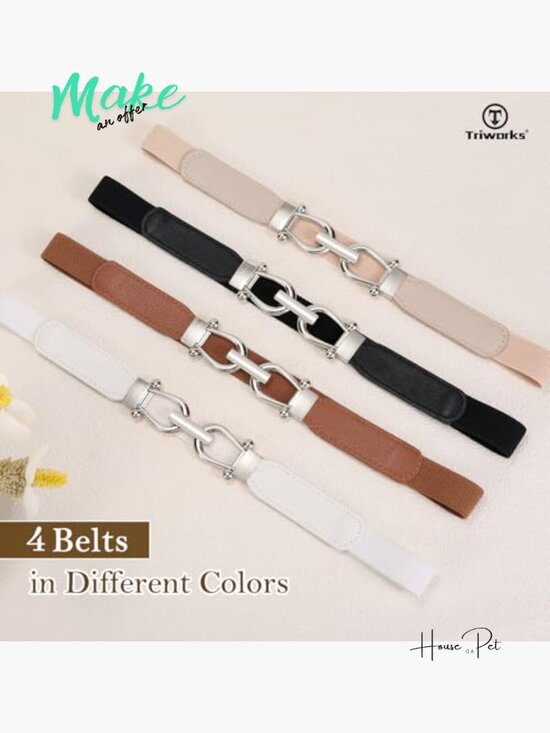 4 Pack Skinny Elastic Belts Gold Buckle Stretchy Waist Belts for Dresses
